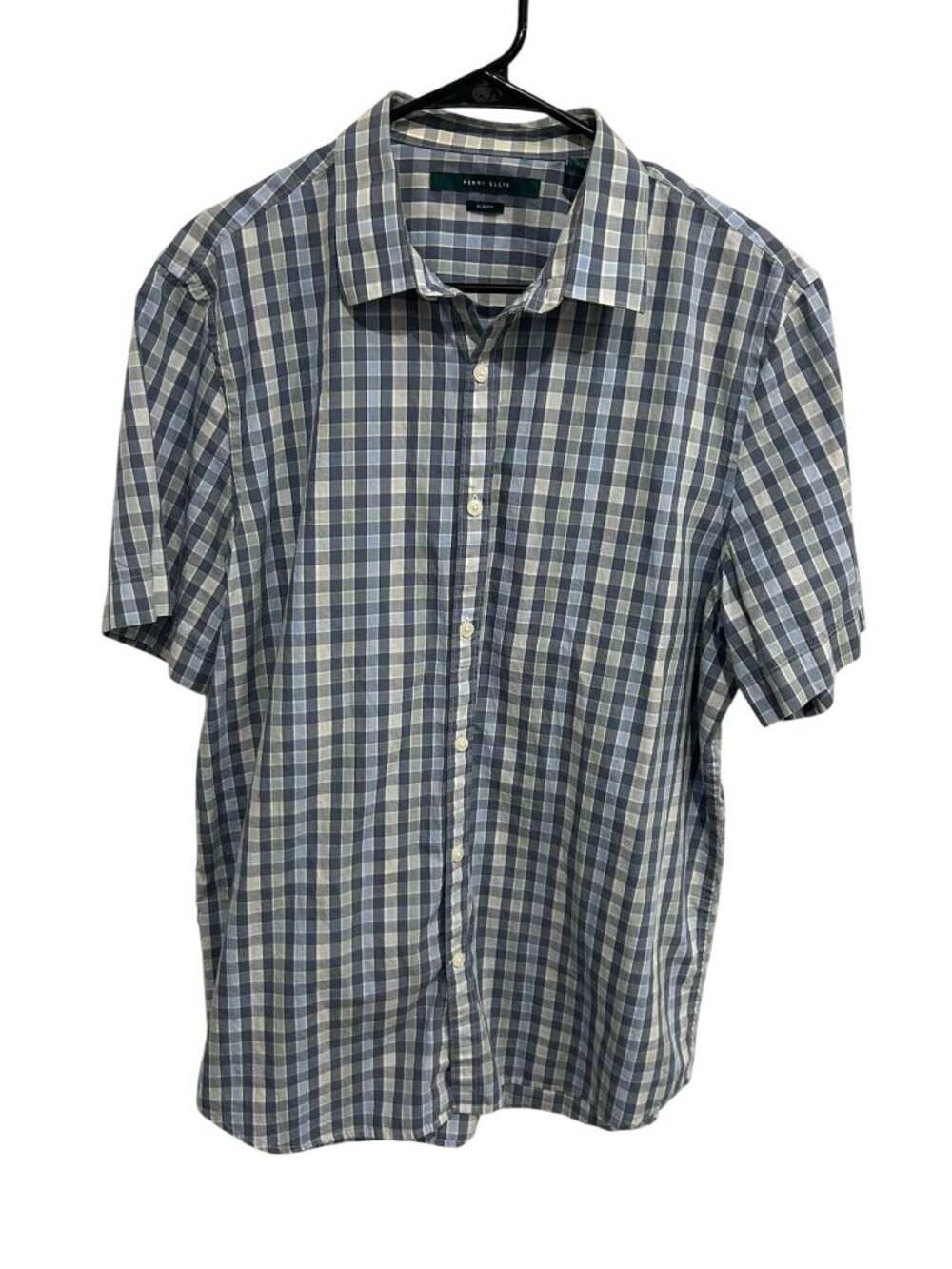 Perry Ellis Large Blue Plaid Slim Fit Button-Down Mens Shirt Collegiate Classic